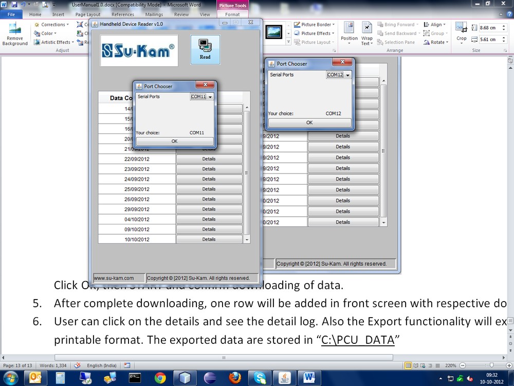 Su-Kam handheld device connected to PC for data download
