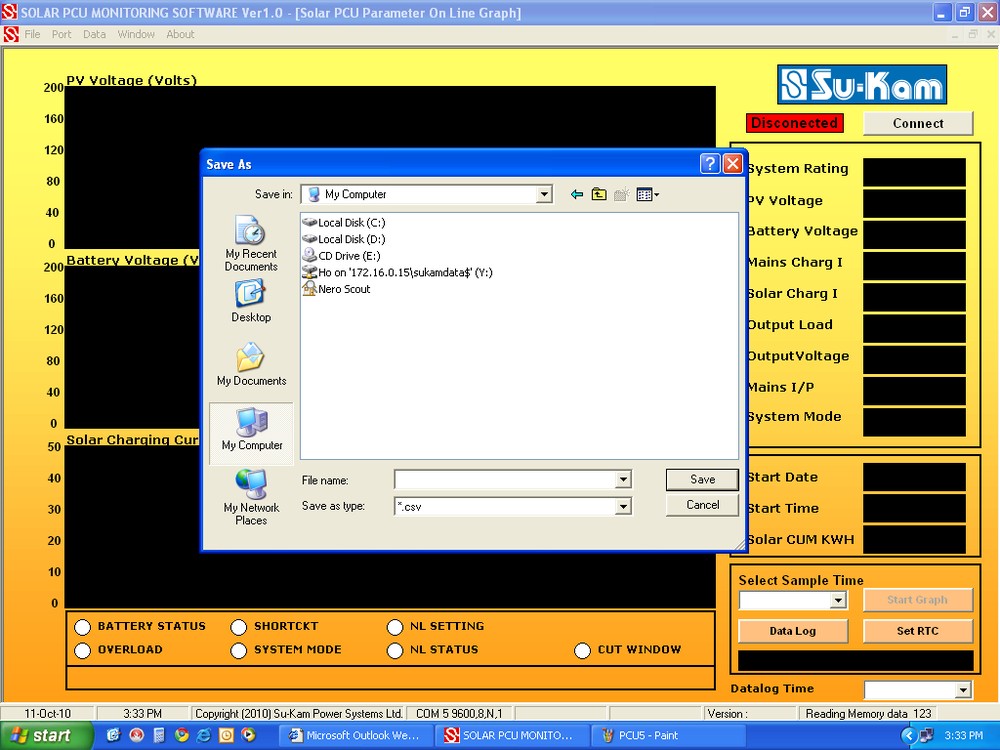 Su-Kam Solar PCU monitoring software exporting data to CSV file