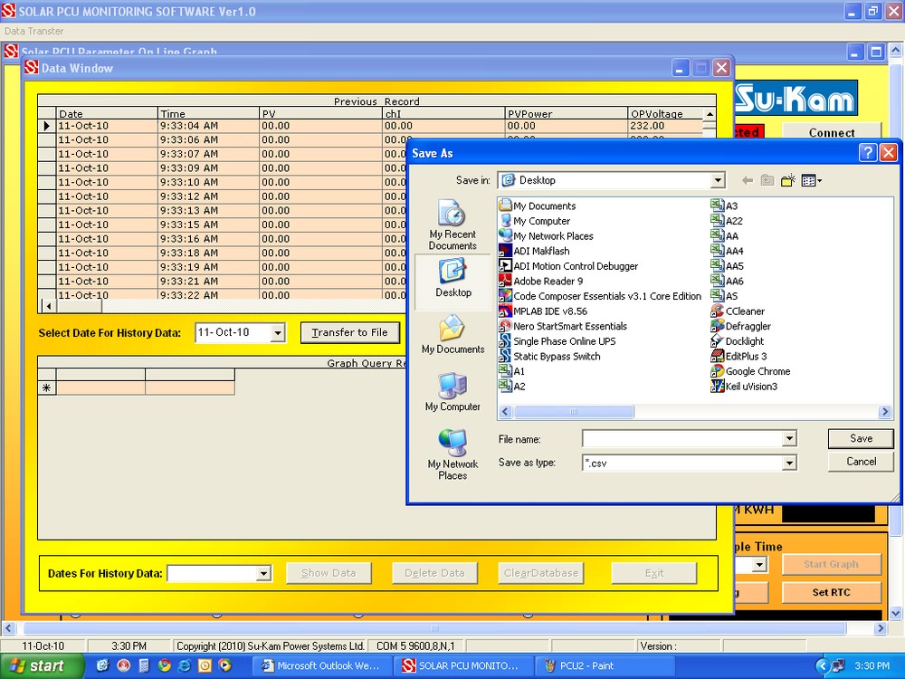 Su-Kam Solar PCU data log viewer showing historical records with export functionality
