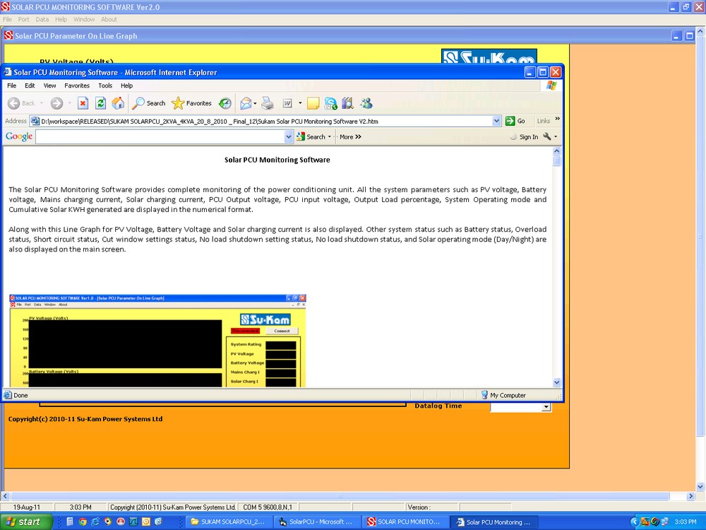 Su-Kam Solar PCU Monitoring Software V2.0 showing live connection with real-time data
