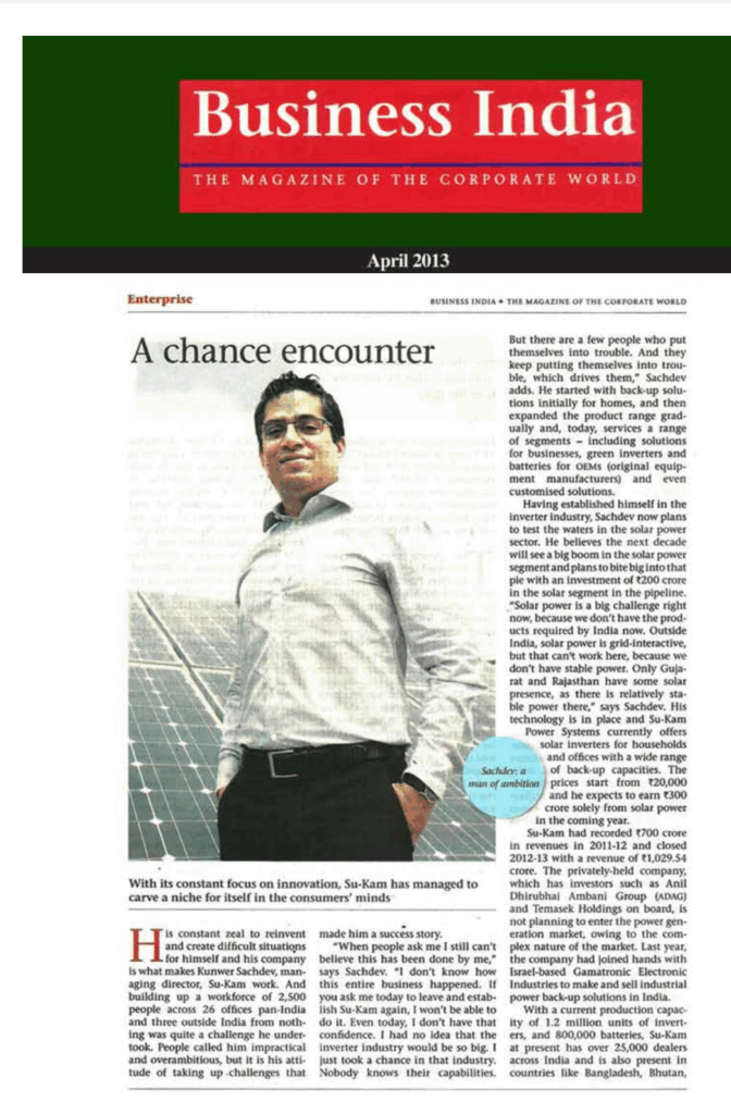 Business India article on Kunwer Sachdev, founder of Su-Kam