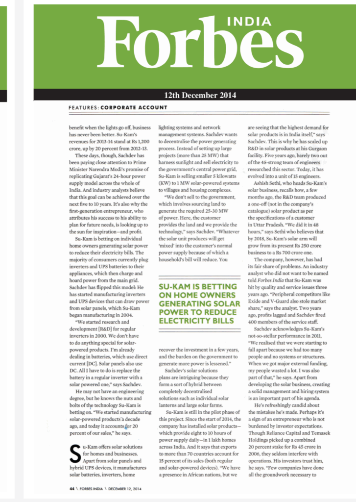 Forbes India feature on Kunwer Sachdev and Su-Kam, 2014