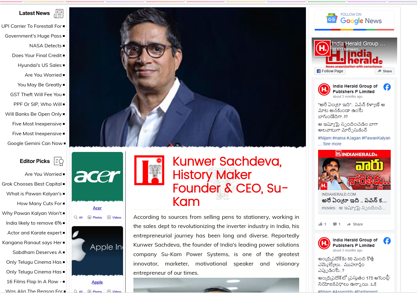 India Herald: Kunwer Sachdev, History Maker, Founder and CEO of Su-Kam